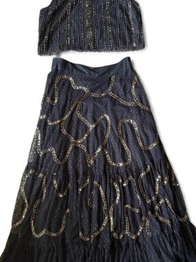 Anthropologie Navy Maxi Skirt with Gold Sequin Swirl Embellishment